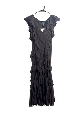 DKNY Brown Silk Ruffle-Detail Midi Dress
